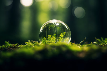 a glass ball with a fern inside in the middle of a forestの素材