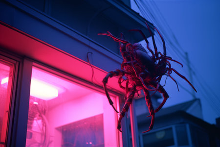 a spider is hanging from the side of a buildingの素材