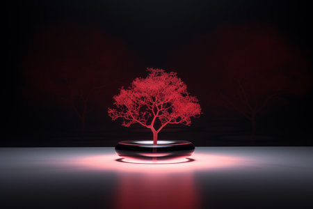 a tree with red lights on it in a dark roomの素材