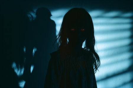 a young girl is standing in front of a window in the darkの素材