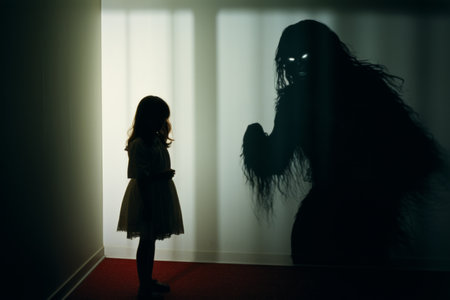 a young girl is standing in front of a large shadow of a monsterの素材