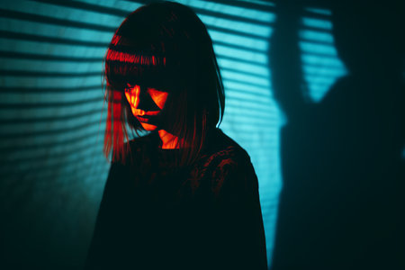 a young woman is standing in front of a blue lightの素材