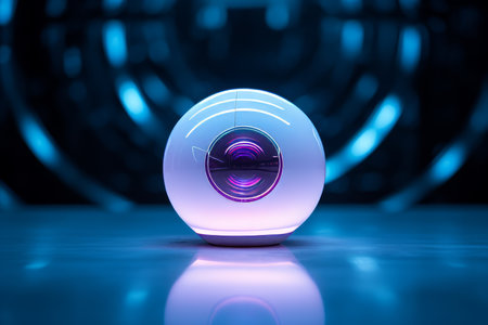 an egg shaped speaker is lit up with blue and purple lightsの素材
