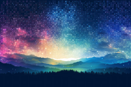 an abstract image of the night sky with mountains and starsの素材