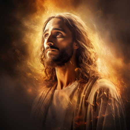 jesus in the fire with flames coming out of his headの素材