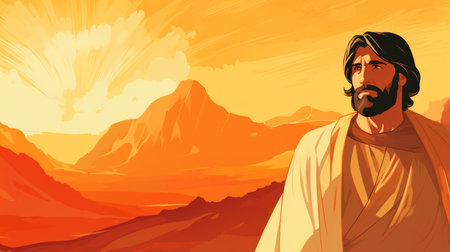 jesus is standing in front of a mountain with mountains in the backgroundの素材
