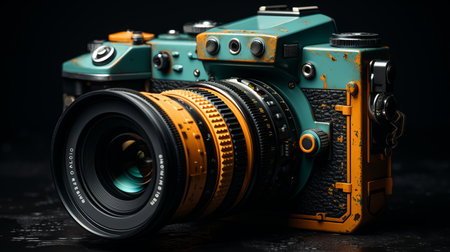 an old camera with an orange and blue color schemeの素材