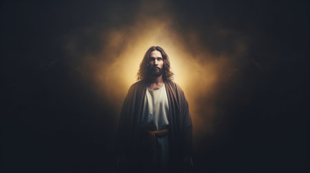 jesus standing in front of a dark backgroundの素材