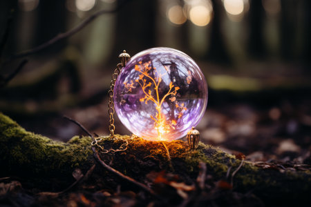 a glass ball with a tree in the middle of the forestの素材