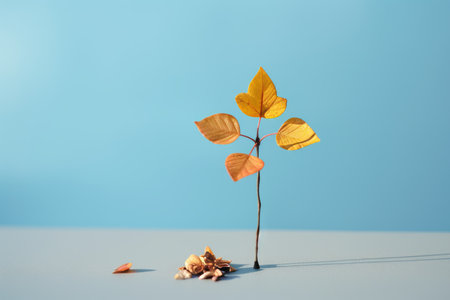 a small tree with leaves on it sitting on top of a tableの素材