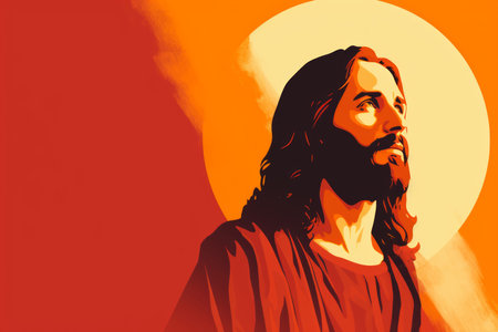 jesus on an orange background with the sun in the backgroundの素材