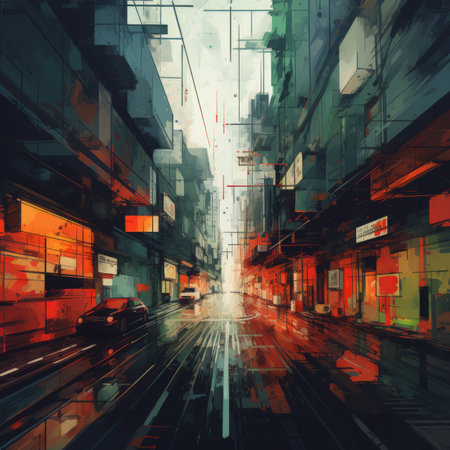 an abstract painting of a city street at nightの素材