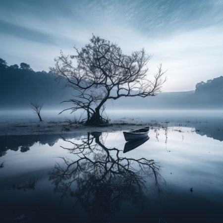 a boat is sitting on the water in front of a tree