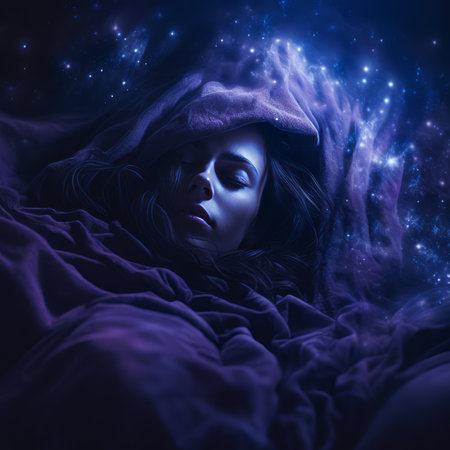 a woman sleeping in a purple blanket with stars around herの素材
