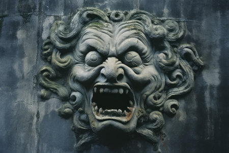 the head of a gargoyle on the wall of a buildingの素材