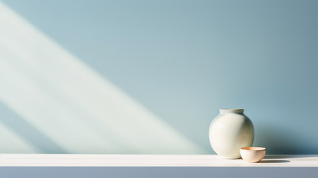 a vase and cup sitting on a table in front of a blue wallの素材