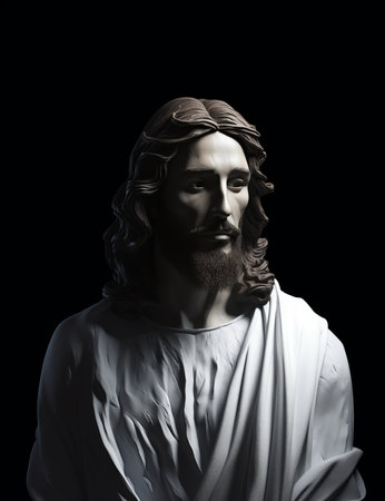 a statue of jesus with long hair on a black backgroundの素材