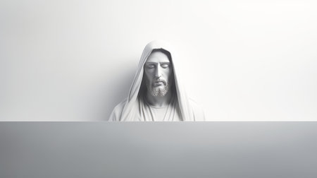 a statue of jesus is standing in front of a white wallの素材