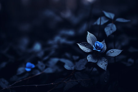 a single blue rose in the dark with dark leavesの素材