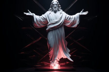 a statue of jesus with his arms outstretched on a dark backgroundの素材
