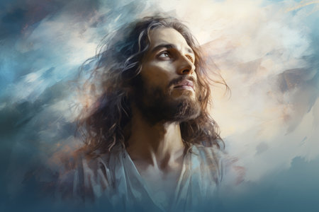 a painting of jesus with long hairの素材
