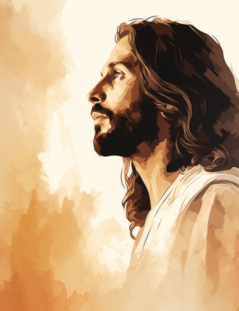 a painting of jesus with long hair and beardの素材
