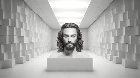 a man with long hair and beard in a white roomの素材