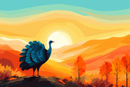 a painting of a turquoise bird standing on top of a mountainの素材