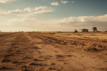 a dirt road in the middle of a fieldの素材