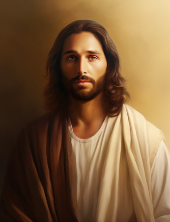 a painting of jesus with long hair and beardの素材