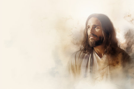 a painting of jesus with long hair and beardの素材