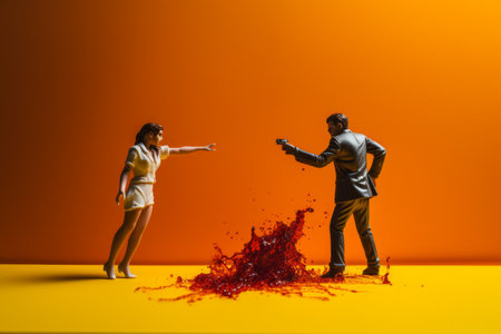 a man and woman are standing in front of a blood splattered wallの素材