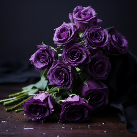 a bouquet of purple roses on a black clothの素材