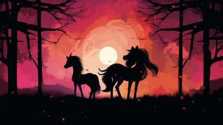 silhouette of two horses in the forest at sunsetの素材