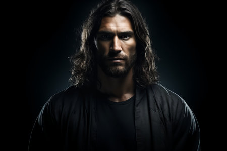 a man with long hair and a black shirtの素材