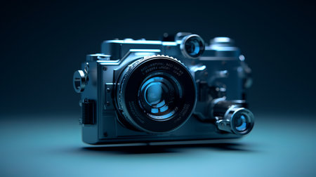 a camera is shown in front of a blue backgroundの素材