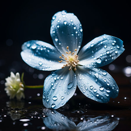 a blue flower with water droplets on its petalsの素材