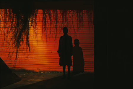 a man and a woman standing in front of a wallの素材