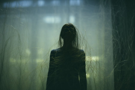 silhouette of a woman standing in front of a curtainの素材