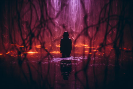 silhouette of a person standing in the water with red lightsの素材