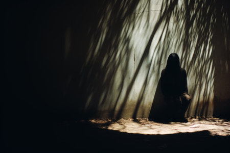 silhouette of a person standing in the shadow of a treeの素材
