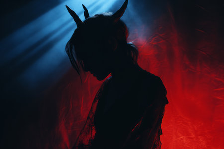silhouette of a woman with horns in the darkの素材