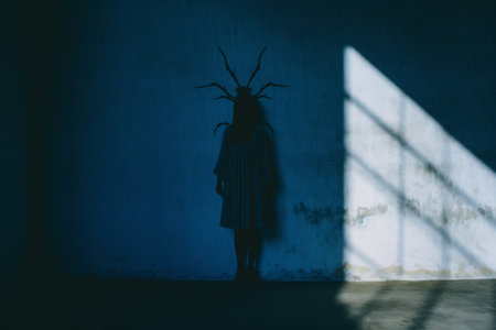 silhouette of a woman standing in front of a window in a dark roomの素材