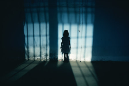 silhouette of a girl standing in a dark roomの素材