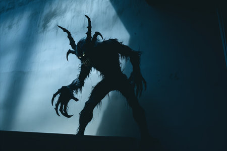 silhouette of a demon standing in front of a wallの素材