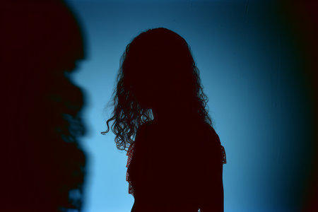 silhouette of a woman standing in front of a blue lightの素材