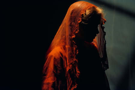 silhouette of a woman wearing an orange veilの素材
