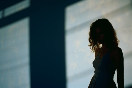 silhouette of a woman standing in front of a windowの素材
