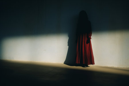 silhouette of a woman in a red dress standing in front of a wallの素材