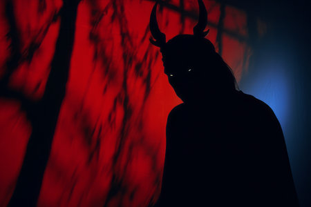 silhouette of a man with horns standing in front of a red wallの素材